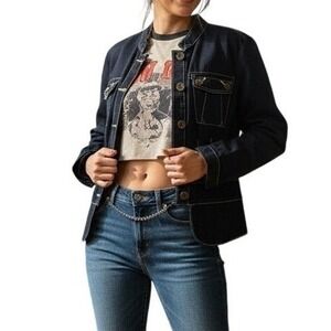 Black Denim Jacket Womens 8 Contrast Stitch Military Style Faded Glory